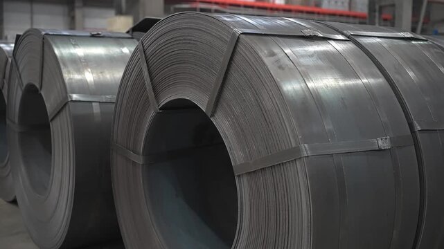 Heavy industry factory metal products metal profile. Metallurgy metallurgical plant metal. Metalworking industry metal coil pipe sheets industrial manufacturing production equipment.