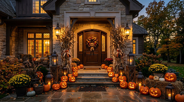Festive Halloween Home Exterior with Pumpkins and Decorations. Cozy autumn porch scene with autumnal decor and warm lighting.