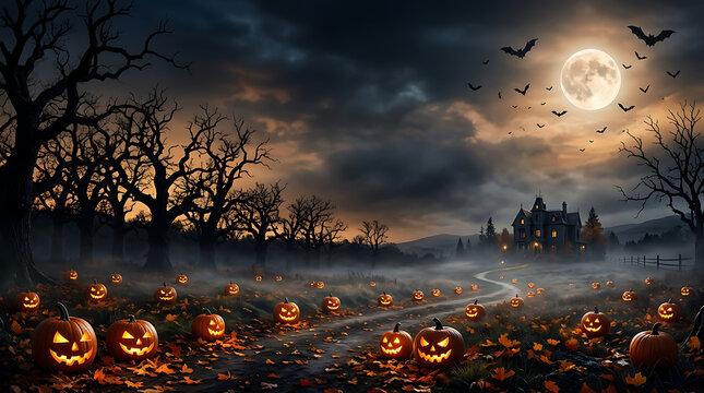 Haunted Halloween landscape with glowing pumpkins and spooky sky. Night scene with eerie atmosphere and full moon. Autumn festival celebration sett...