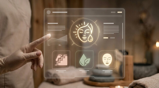 Futuristic Skincare Technology Concept with Digital Interface Showing Facial Analysis and Wellness Data in a Modern Spa Setting Background