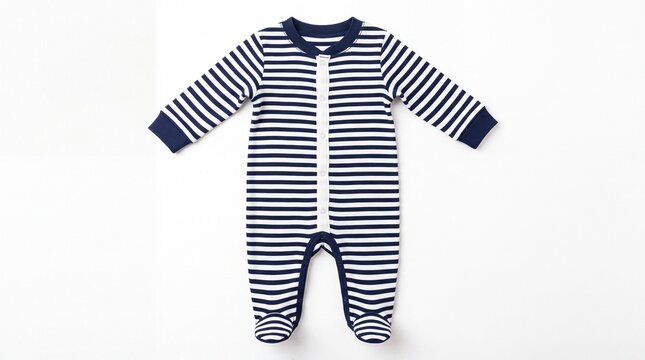 Striped navy blue and white baby romper outfit for infants displayed flat on white background