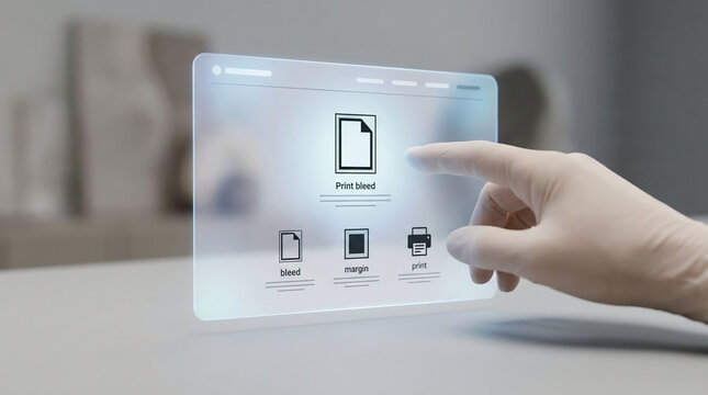 Futuristic digital touchscreen interface for print design workflow showing bleed and margin settings with a human hand interacting