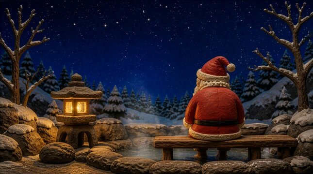 Santa Claus back view at Japanese onsen hot spring winter night
