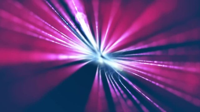 Abstract pink and purple glowing light rays moving through a futuristic tunnel