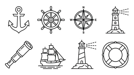 Nautical Icons Collection Line Art Maritime Symbols On White Background © RAZU ISLAM