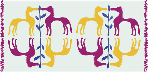 Fototapeta premium Abstract Folk Art Symmetrical Pattern with Stylized Orange Horses, Abstract Folk Art Symmetrical Pattern with Stylized Orange Horses