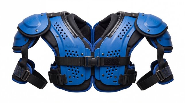 Bright blue protective american football shoulder pads worn by athletes isolated on white background