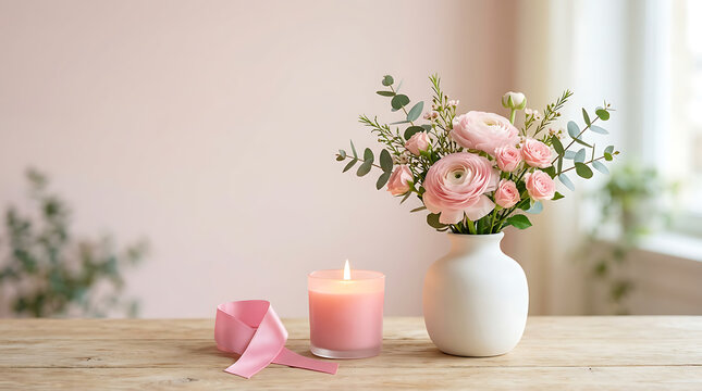 Elegant floral arrangement with pink roses and greenery. Bright, cozy home decor scene with soft natural light.