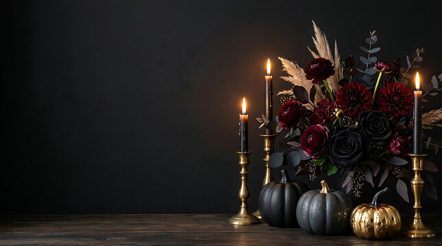 Elegant Thanksgiving table centerpiece with candles and flowers. Festive autumn decor for holiday celebrations.