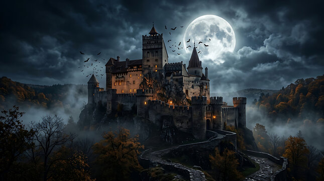 Haunted castle under a full moon. Medieval fortress illuminated at night, spooky historic site for Halloween or fantasy themes