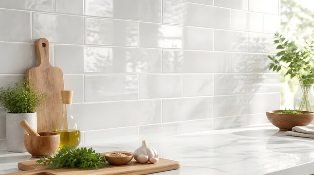 Bright kitchen countertop with white subway tile backsplash and cooking ingredients.