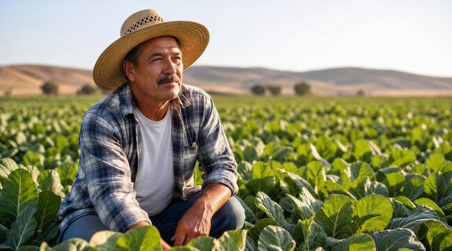 Farmer in straw hat checks crop in field