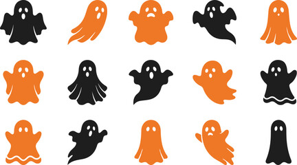 Fototapeta premium Set of cute cartoon halloween ghost characters in orange and black colors for festive holiday party decoration designs