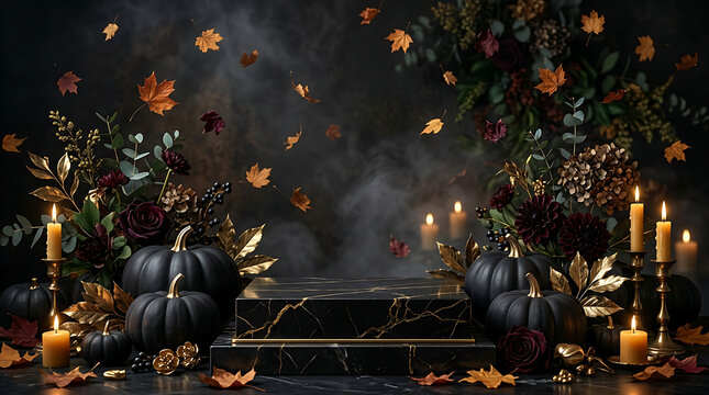Elegant Halloween party scene with black pumpkins and candles. Festive autumn celebration with spooky decor and warm lighting.