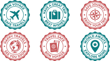 collection of six travel themed circular stamp designs with airplane globe compass suitcase passport and airplane. © vector design