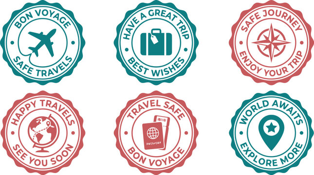 collection of six travel themed circular stamp designs with airplane globe compass suitcase passport and airplane.