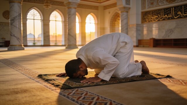 A Muslim man prostrates in sujud on a clean prayer mat in soft dawn mosque light &mdash; fajr prayer as peaceful devotion. Ideal for Islamic brands, Muslim lifestyle, and spiritual editorial.