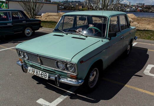 VORONEZH, Russia - April 25, 2026.Vintage mint green VAZ Zhiguli parked outdoors with authentic USSR license plates at a parking lot