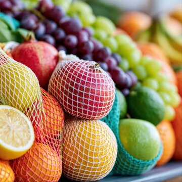 Colorful display of fruits in nets at a market during the daytime