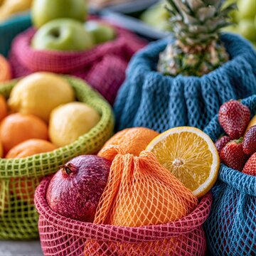 Colorful baskets of fresh fruits displayed at a market in the daytime