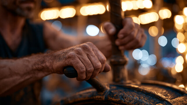 A carnival ride operator at candlelit fairground close up, hands gripping the control lever of an aged carousel mechanism, unfiltered morning face energy translated into night