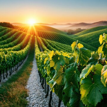 Vineyard landscape with rows of grapevines and a bright sunrise in the background