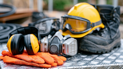 Fototapeta premium Modern construction safety gear laid out on a metal checker plate surface, yellow helmet, protective goggles, earmuffs, respirator mask, bright orange gloves, and rugged black work boots, clean indu