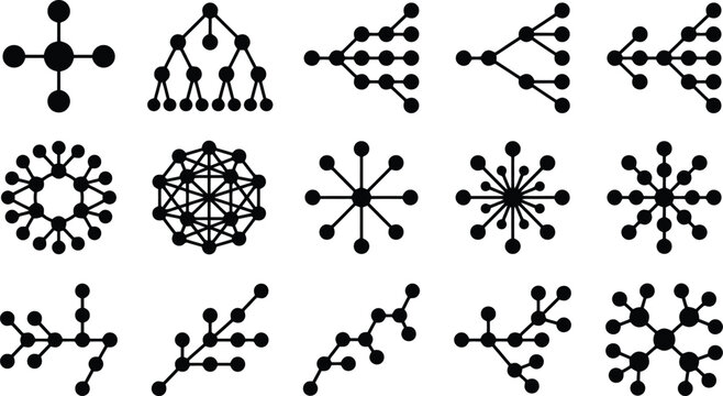 Black Network Connection Node Icons and Minimalist Data Structure Vector for Technology Infographics, Software Development & Digital Mapping (EPS)