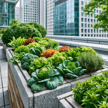 Vegetable garden on a city rooftop with various plants growing in boxes