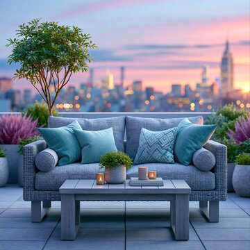 Cozy seating area on a rooftop with city skyline view during sunset