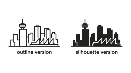 Fototapeta premium Cityscape Icons: Two graphic representations of a modern cityscape, one an outline and the other a solid silhouette, showcasing architectural diversity.