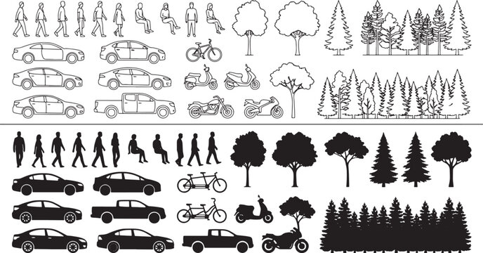 Set of architectural site plan elements including people silhouettes vehicles and trees in outline and solid black style