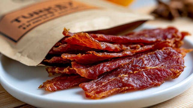 Naturally dried turkey jerky packaged in a recyclable brown kraft paper pouch on a white background, tender dried meat slices neatly arranged next to the eco friendly retail bag, premium protein sna