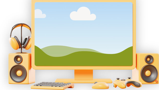 3D render of a modern gaming setup with a computer monitor, speakers, headphones, keyboard, mouse, and game controller in orange and yellow theme
