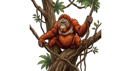 Obraz premium Orangutan Sitting on Tree Branch Holding Jungle Vine Vector Illustration Isolated on White Background