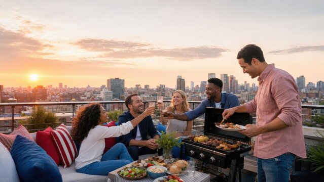 Group of diverse friends celebrating Labor Day on a rooftop terrace with a barbecue grill, enjoying food and drinks against a city skyline at sunset