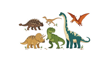 Cute cartoon dinosaurs vector set with tyrannosaurus rex triceratops brachiosaurus pterodactyl and ankylosaurus characters isolated on white background © Ruma