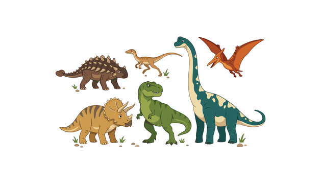 Cute cartoon dinosaurs vector set with tyrannosaurus rex triceratops brachiosaurus pterodactyl and ankylosaurus characters isolated on white background