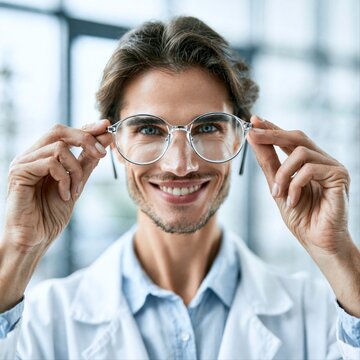 Doctor in an office adjusts glasses while smiling at the camera during daytime hours