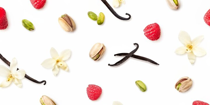 Pistachio raspberry and vanilla pods pattern in photorealistic flat lay style on white, combining fruit, pistachios, and blossoms for gourmet dessert branding, ice cream menus, and bakery packaging.