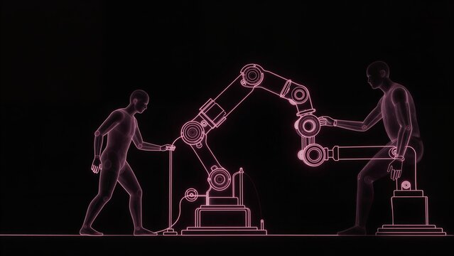 Robot arms collaborate with humans in a futuristic, glowing pink line art.