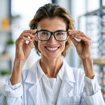 Woman adjusts her glasses while smiling in a bright workspace with shelves and plants around her
