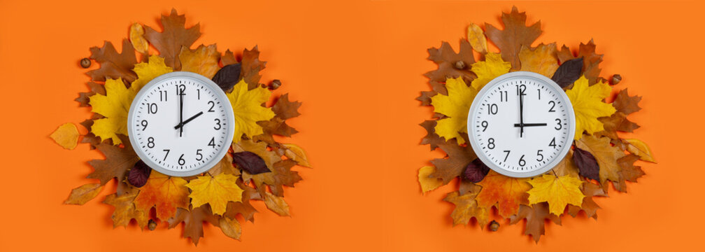 Switching clocks to winter time. Autumn daylight saving time transition concept illustrating time change and setting clocks back or forward, featuring dry maple foliage and acorns.