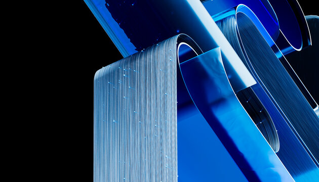3D vertical signal weave with silver ribbons and blue glow