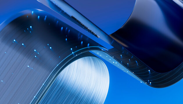 3D suspended fiber arches with luminous texture and blue flow.