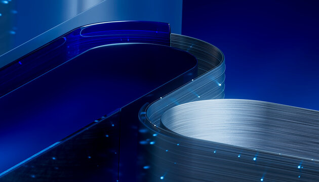 3D curved data junction with layered strands and blue light.