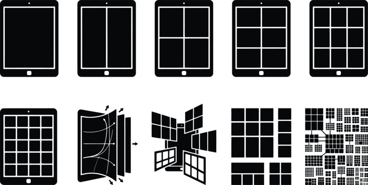 Black Tablet Screen Grid Layout Icons and Deconstructed Interface Elements Vector for App Design, User Experience & Wireframe Prototyping (EPS)