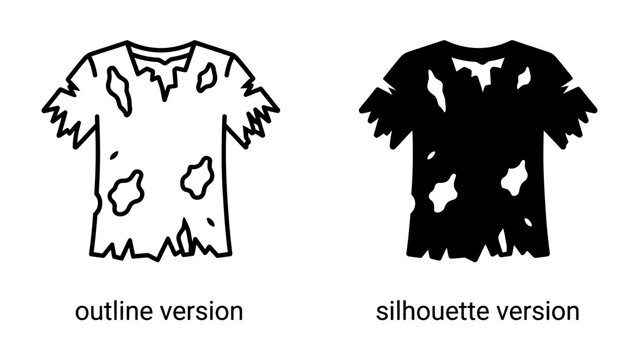 Torn T-Shirt Icons: A set of two graphic icons representing a t-shirt in an outline and a silhouette version, both depicting significant wear and tear, suggestive of hardship or destruction.