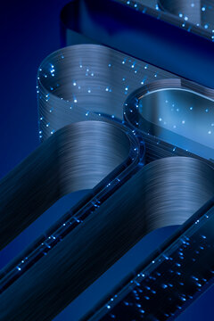 3D cascading signal ribbons with layered blue fiber texture