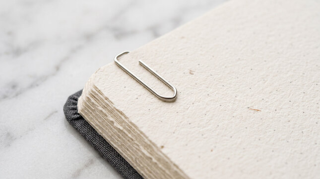 Paperclip on Textured Notebook with Marble Background Symbolizing Organization, Stationery
